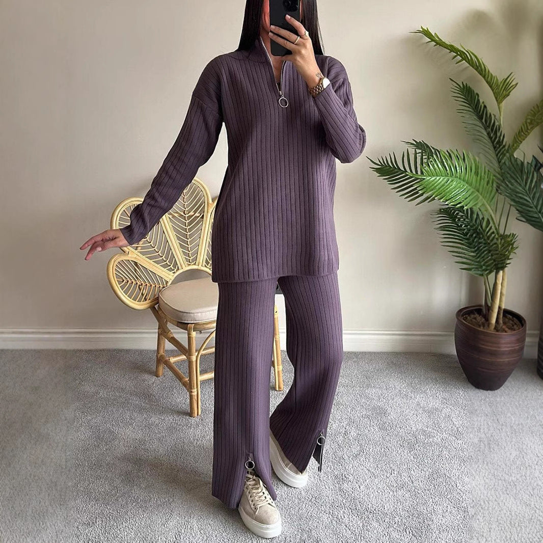 Women's Color Zipper Knitting High Neck Ribbing Suits