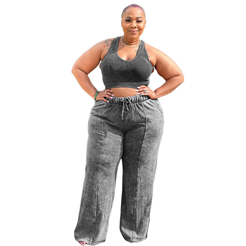 Women's Sleeveless Midriff Outfit Elastic Waist Wide Suits