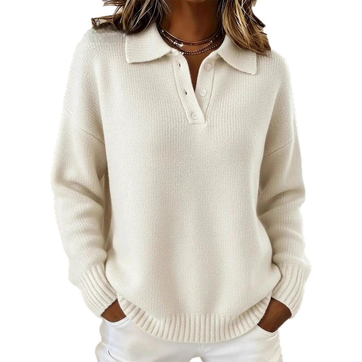 Women's Loose Lazy Style Soft Glutinous Polo For Long Sleeve Button Sweater