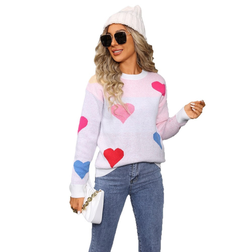 Women's Love Valentine's Day Small Peach Heart Round Neck Sweater