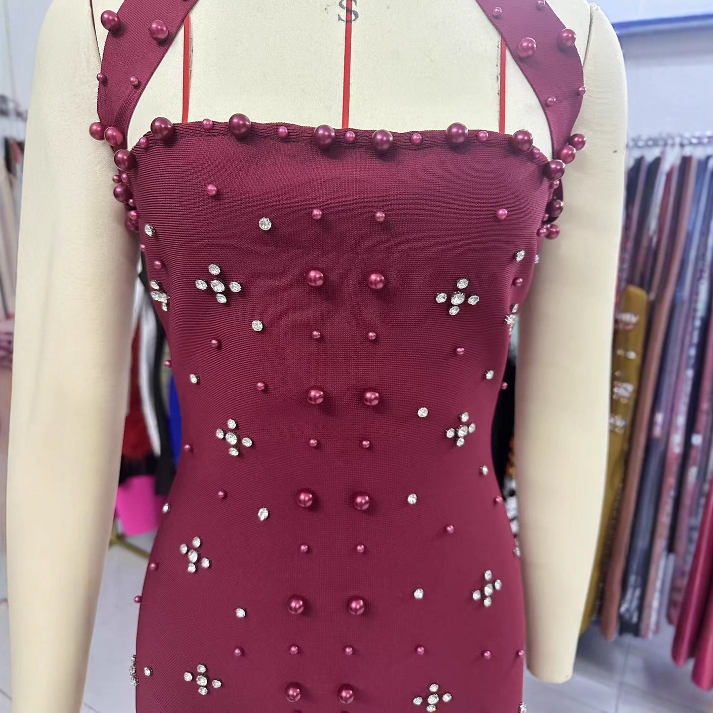 Beaded Rhinestone Pearl Halter Bandage One-piece Dress Elegant Dresses