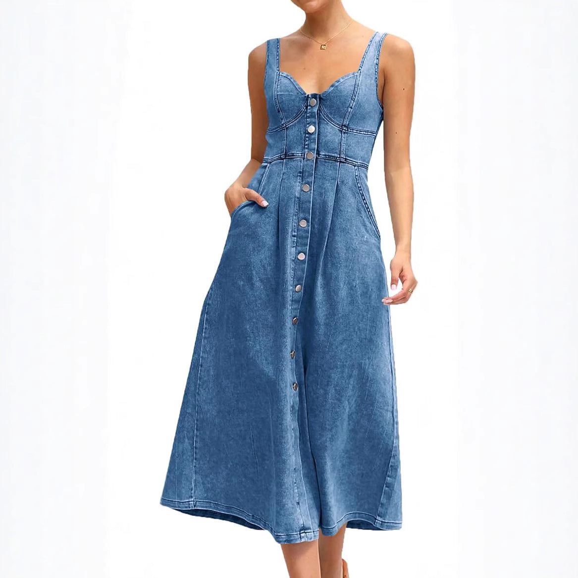 Women's Summer Blue Denim Distressed Strap Single Row Button Dress