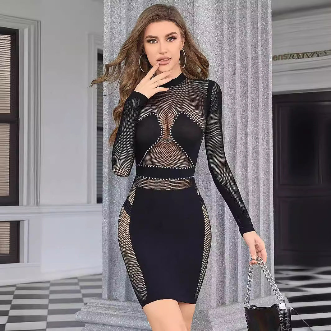 Women's Summer Solid Color Round Neck Long Sleeve Slim Sexy Dress