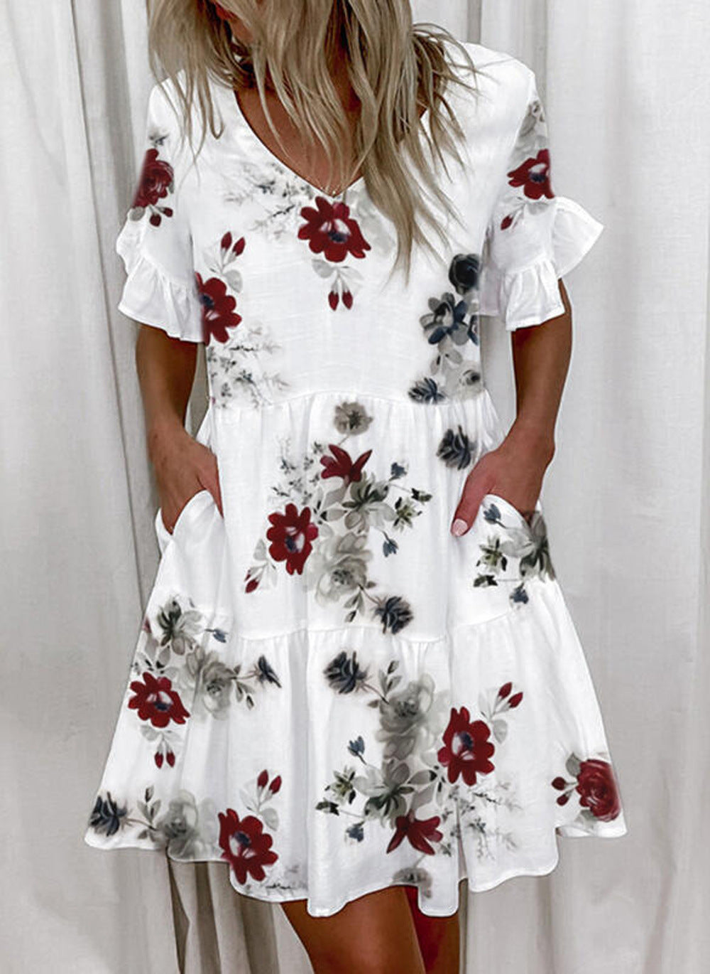Women's Summer Loose Print Ruffled Pocket Sleeve Shorts