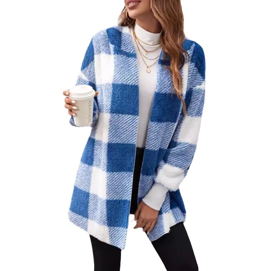 Women's Loose Plaid Color Stitching Knitted Fashion Coats