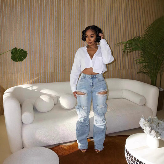 Women's Four-way Wear Fashion Washing Opening Washed Jeans