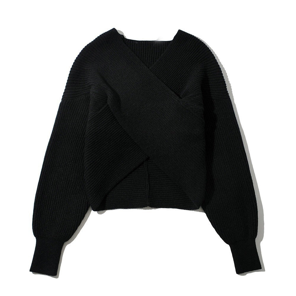 Solid Color Sexy Cross Cropped Long-sleeved Knitted Sweater