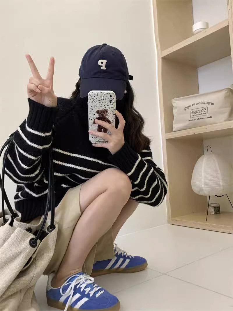 Women's Striped Half Zipper Pullover Korean Loose Lazy Sweater