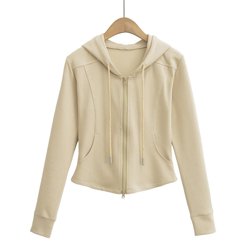Autumn Fashion Simple Style Double Zipper Hooded Drawstring Tops
