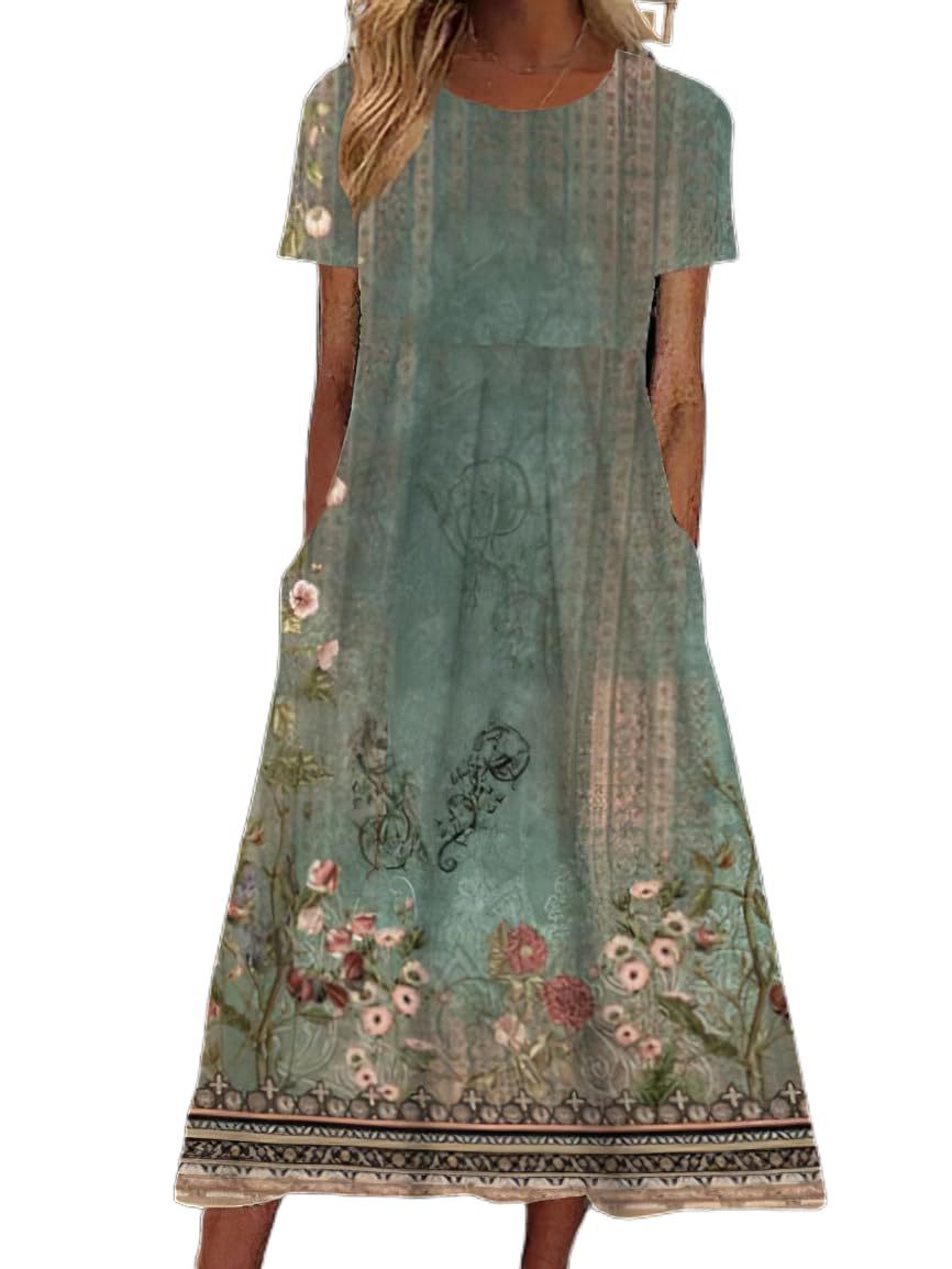 Women's Summer Round Neck Sleeve Bohemian Print Shorts