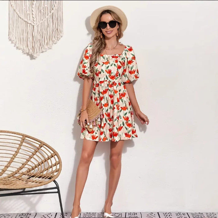 Charming Comfortable Floral Print Lantern Sleeve Dress