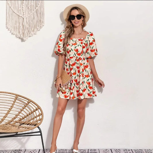 Charming Comfortable Floral Print Lantern Sleeve Dress