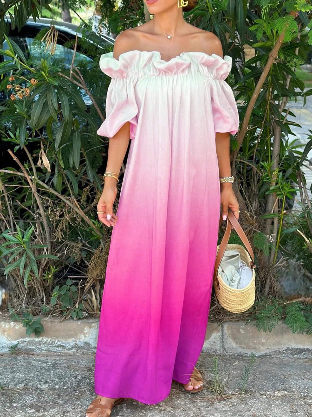Gradient Backless Lazy Puff Sleeve Loose Dress