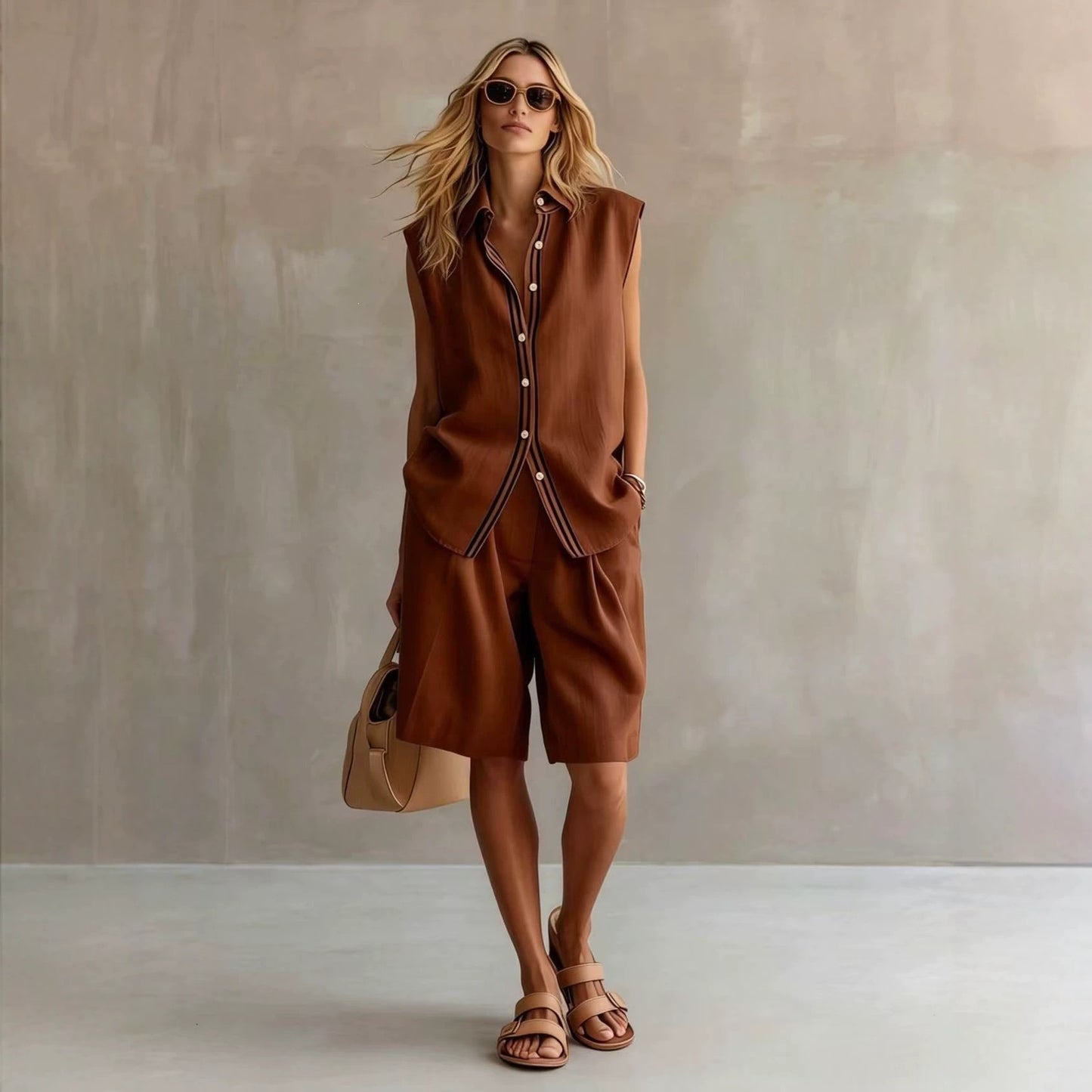 Women's Summer Wear Single-breasted Sleeveless Linen Bushing Fashion Casual Suit
