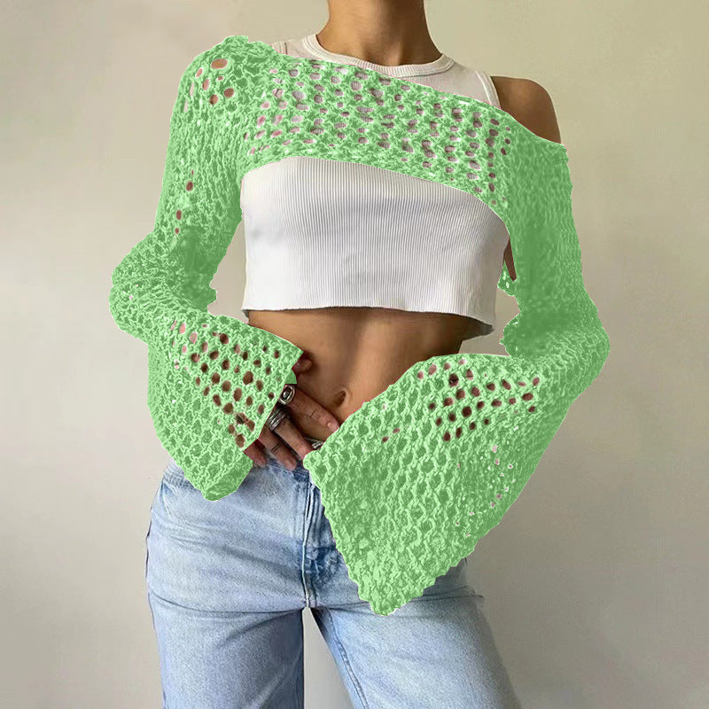 Women's Crochet Casual Bell Sleeve Sexy Mesh Women's Sweater