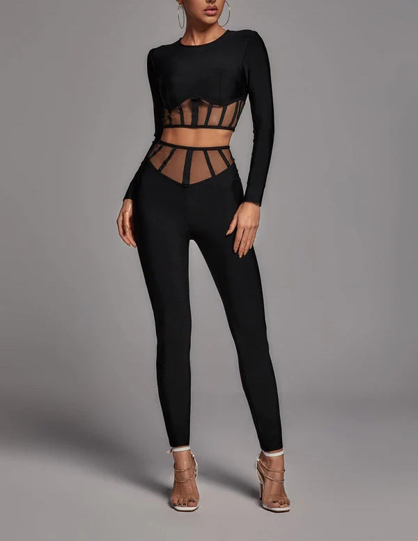 Black Long Sleeve Round Neck Two-piece Mesh Hollow Suits
