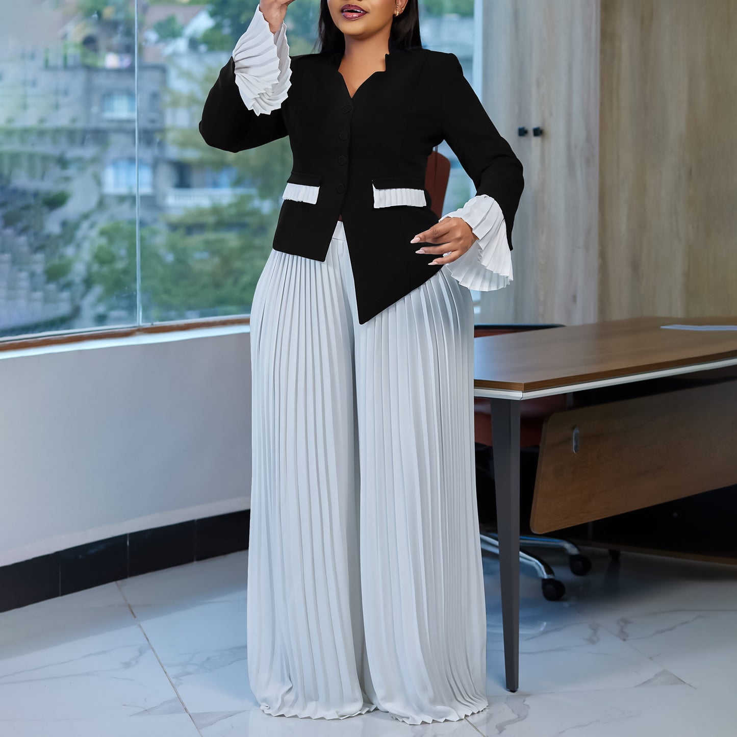 Women's Large Fashion Bell Sleeve Pleated Wide Leg Suits