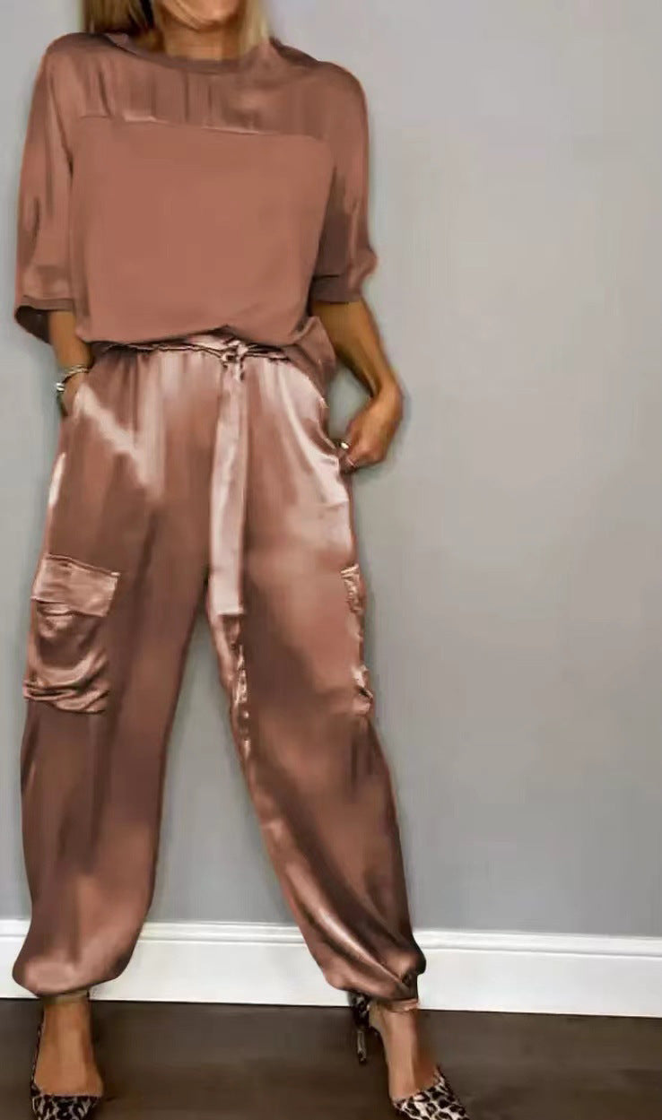 Women's Solid Color Smooth Satin Half Sleeve Shirt Two-piece Fashion Casual Suit