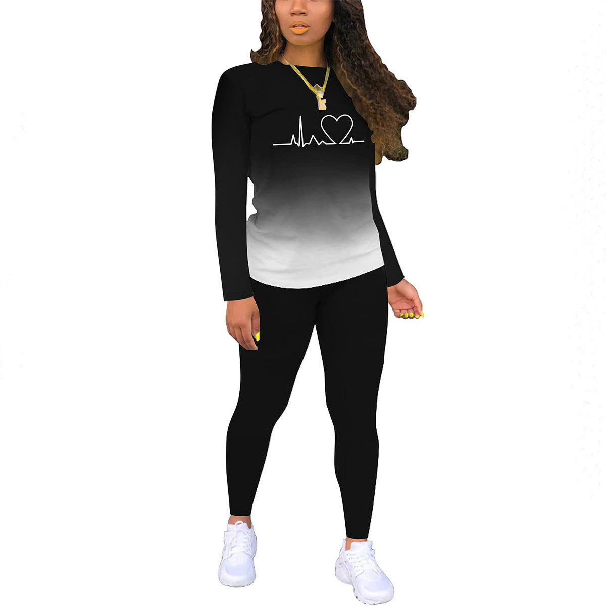 Women's Color Gradient Printing Round Neck Long Sleeve Trousers Suits