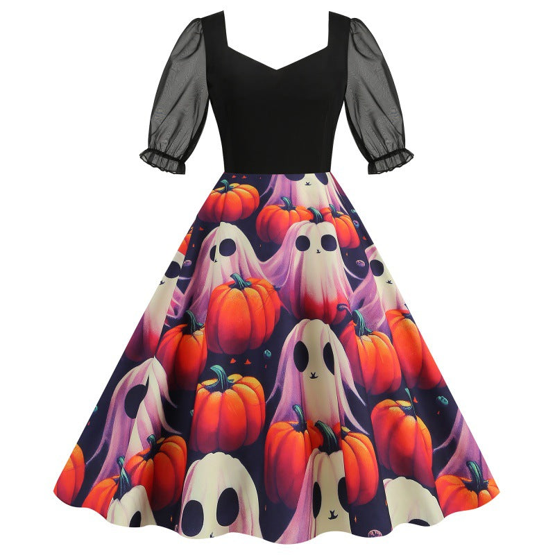 Mesh Stitching Half Sleeve Sexy Retro Printed Large Dress