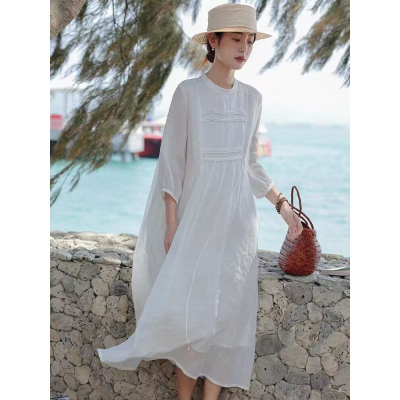 Women's Cotton Linen Loose Big Hem White Dresses
