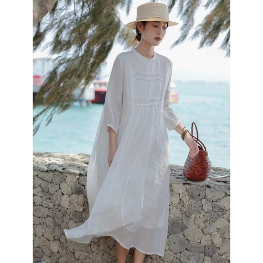 Women's Cotton Linen Loose Big Hem White Dresses