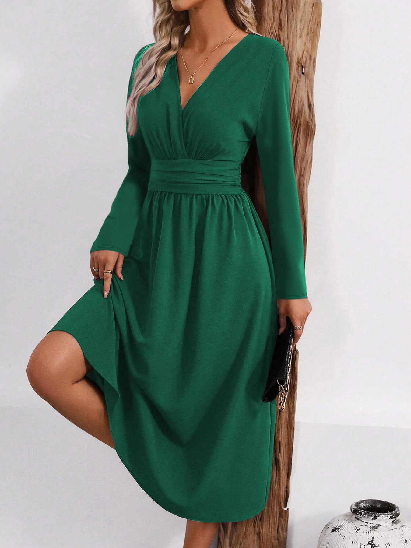 Women's Color Overlapping Long Sleeve Waist Pleated Dress