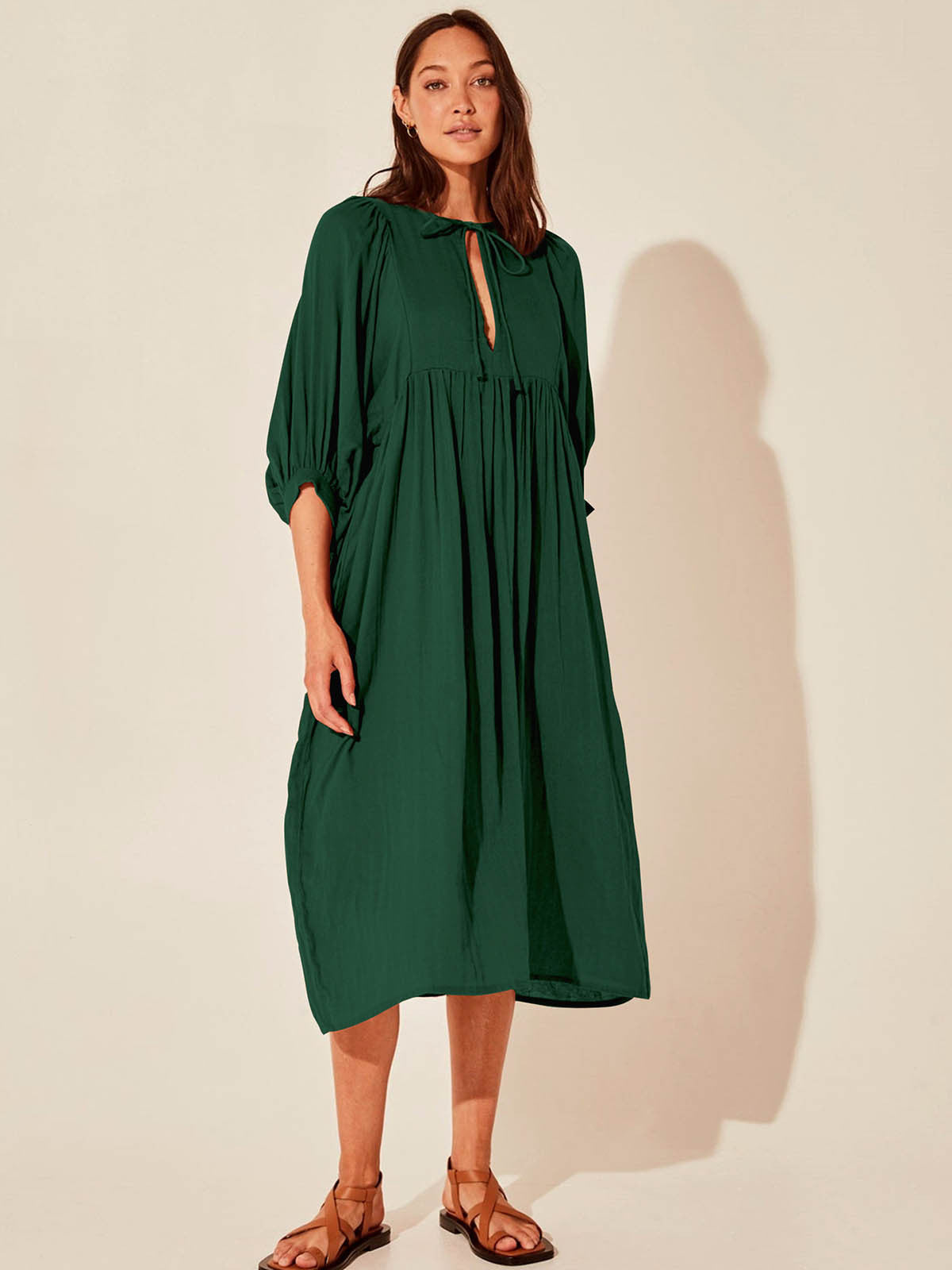Large Loose Long Sleeve Lantern Casual Retro Solid Color Dress