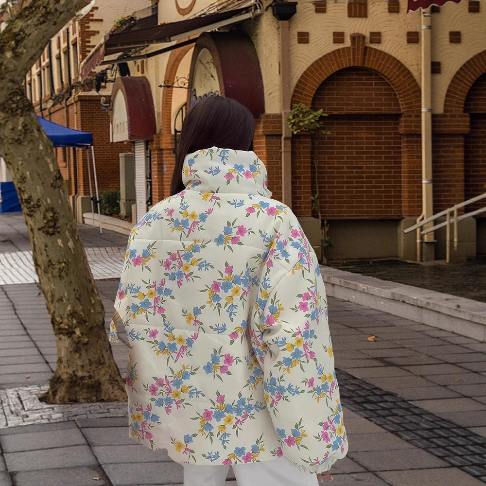 Women's Stand Collar Zipper Warm Printing Coats