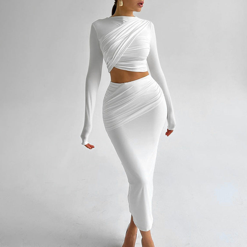 Women's Autumn Round Neck Long Sleeves Cropped Slim Fit Fashion Casual Suit
