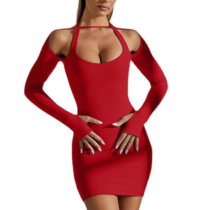 Women's Solid Color Sexy Long-sleeved Halter Sheath Dress