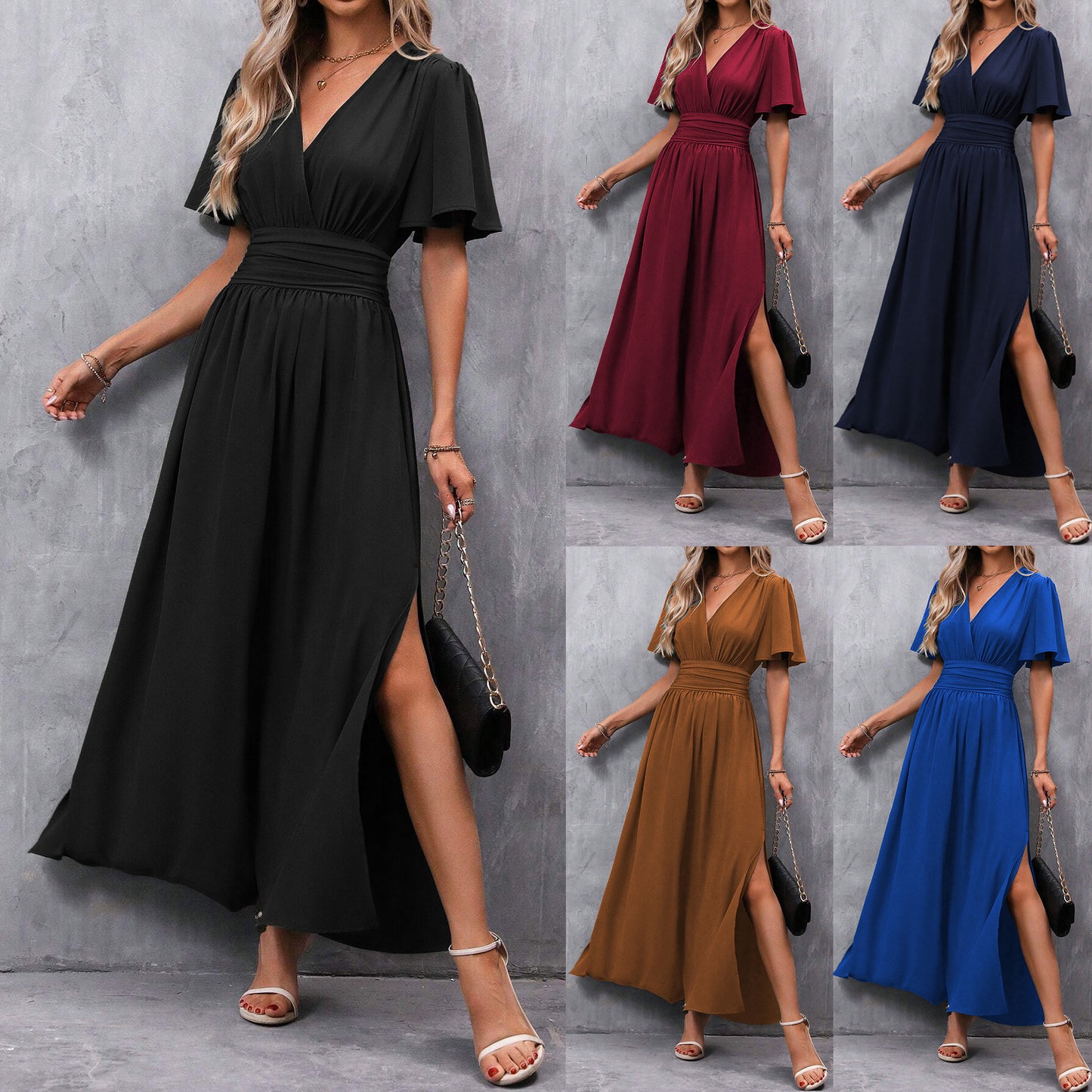 Women's Flying Sleeves Back Waist Smocking High Slit Dress