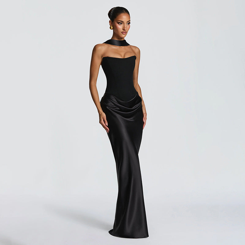 Women's Elegant Solid Color Sleeveless Slim Ribbon Stitching Hip Dress