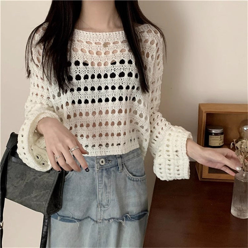 Women's Bell Sleeve Air Conditioning Shirt Hollow Thin Breathable Mesh Knitted Blouses