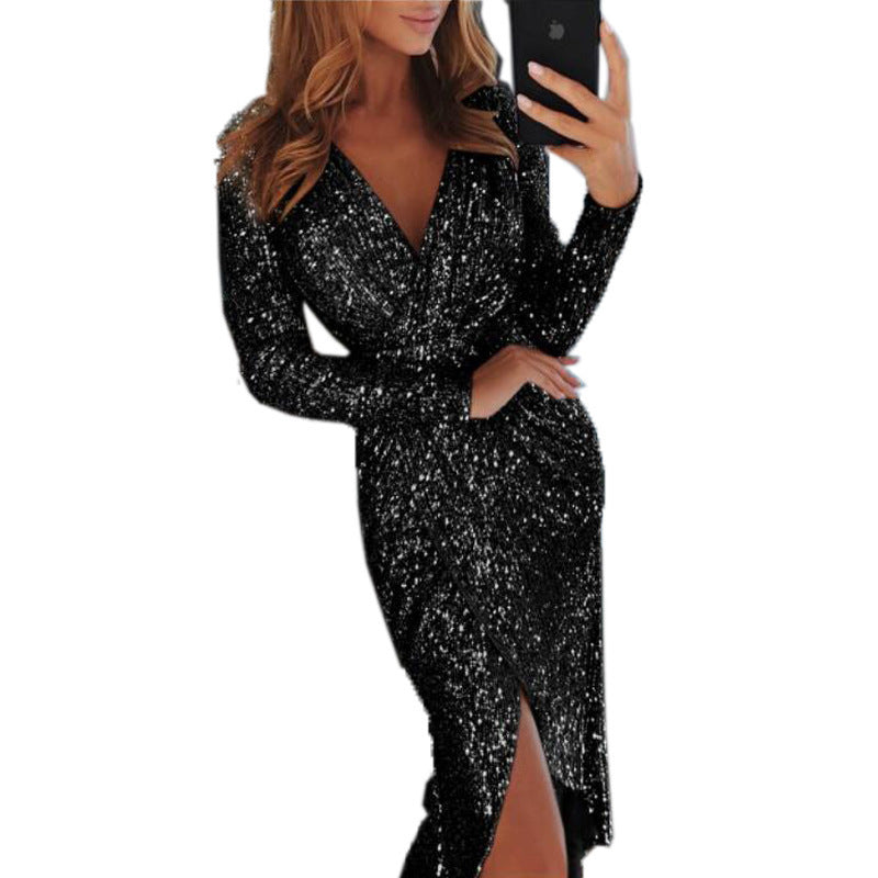 Women's Gilding Long-sleeved Shiny For Dinner Sexy Dress