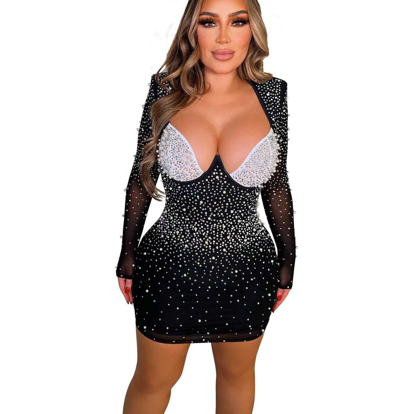 Women's Fashion Wear Pure Color Mesh Rhinestone Long Dresses