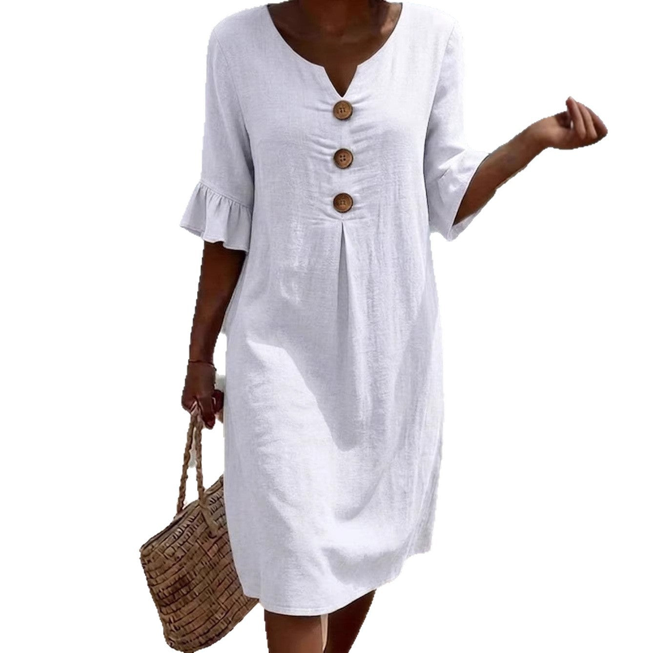 Women's Cotton Linen Buttons Ruffle Sleeve Dress