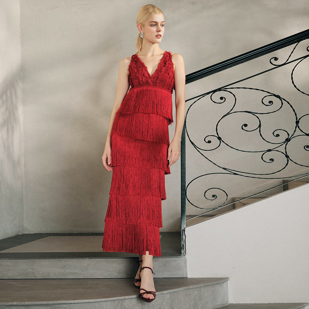 Women's Red Lace Decorated Bandage One-piece Tassel Layered Mid-length Dress