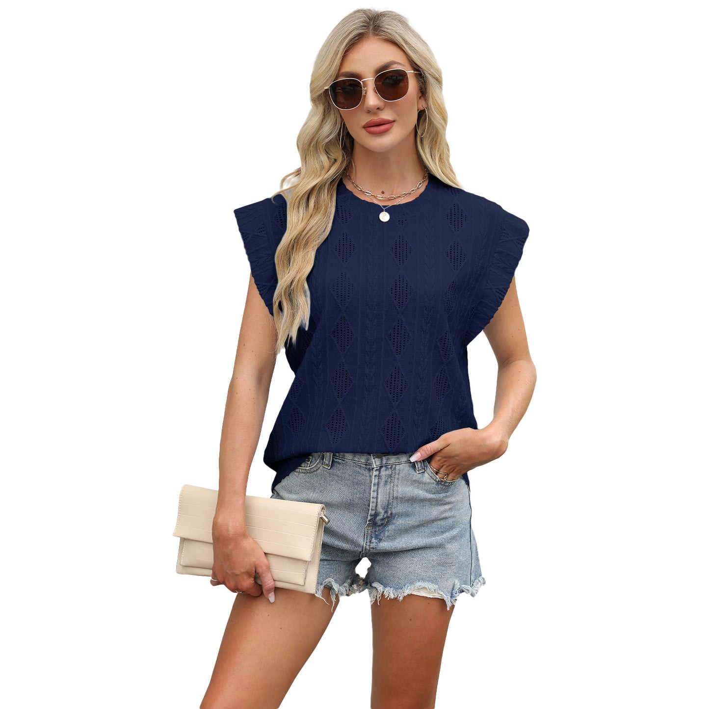 Women's Round Neck Loose Sleeves T-shirt Jacquard Blouses