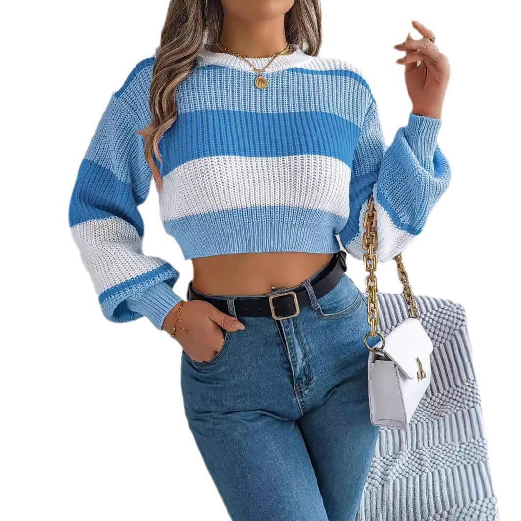 Women's Casual Multicolor Lantern Sleeve Pullover Sweater