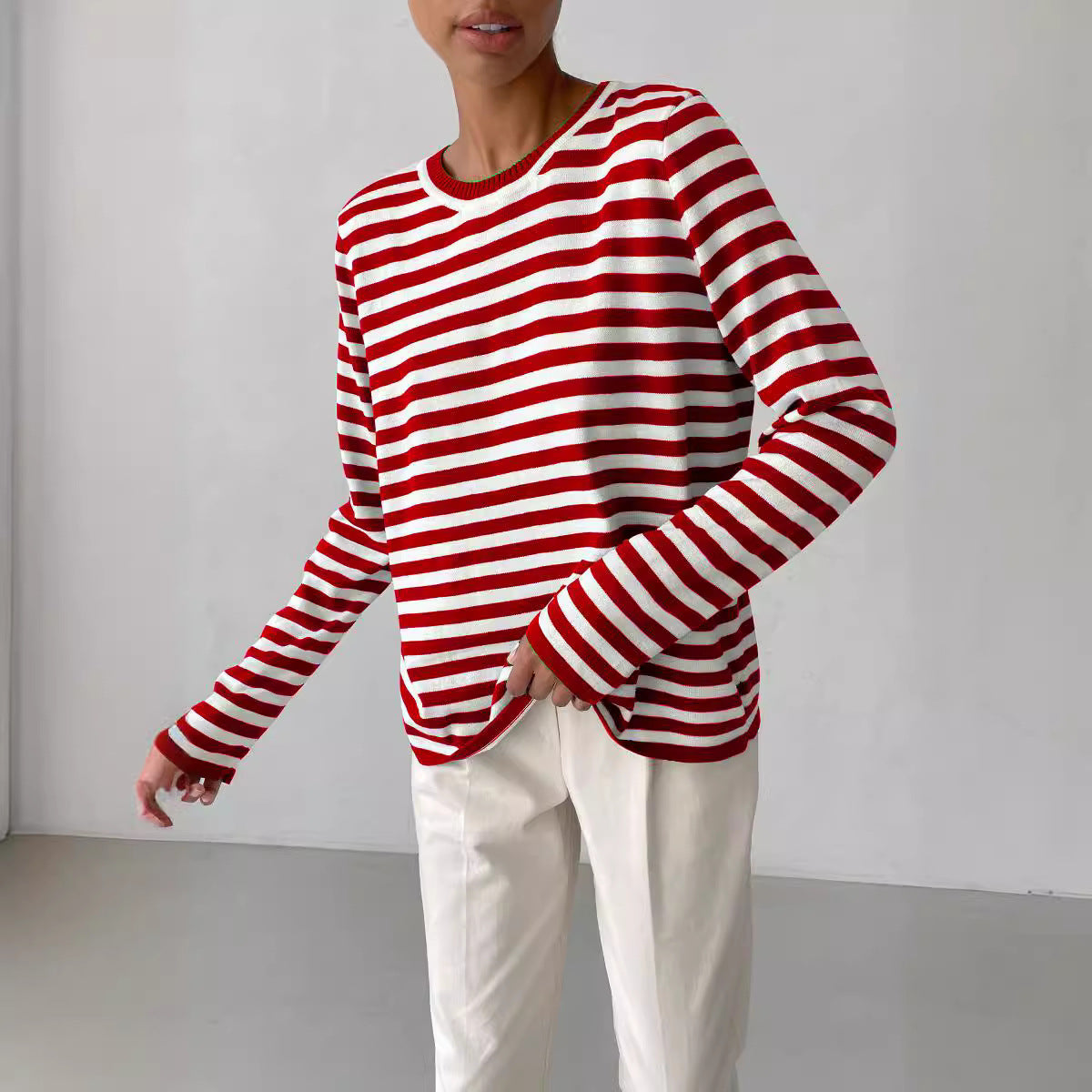 Women's Round Neck Knitted Striped Versatile Classic Retro Pullover Women's Sweater