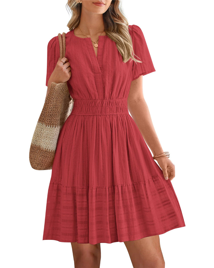 Women's Collar Pleating Puff Sleeve Large Swing Dress