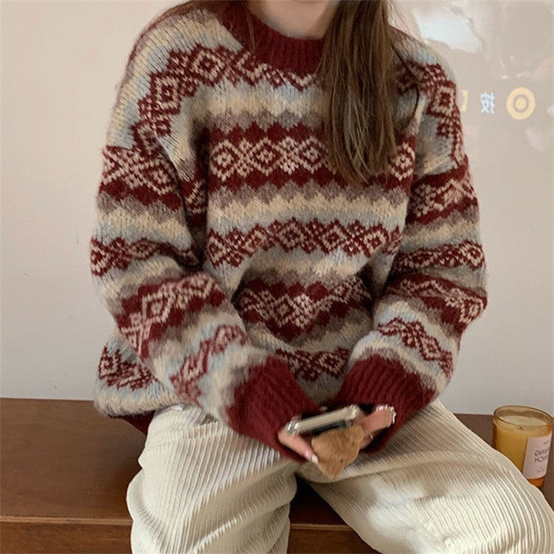 Women's Loose Casual Rhombus Plaid Brocade Outer Wear Idle Style Sweaters