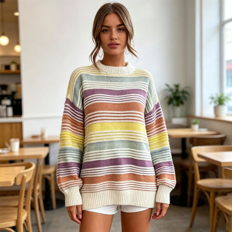 Women's Autumn Contrast Color Rainbow Pullover Retro Loose Clothing