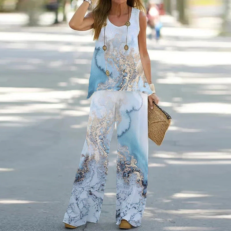 Women's Summer Printed Sleeveless Elastic High Waist Fashion Casual Suit