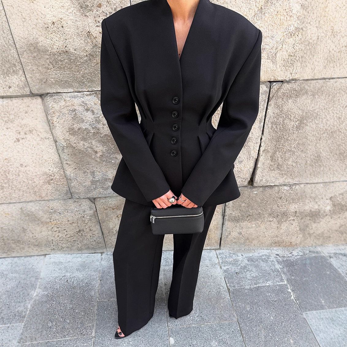 Women's Black High-grade Long-sleeved Pleated Waist Tight Suits