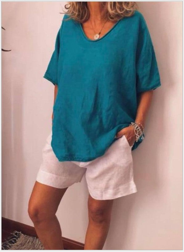 Solid Color Loose Sleeve Casual Cotton Blouses