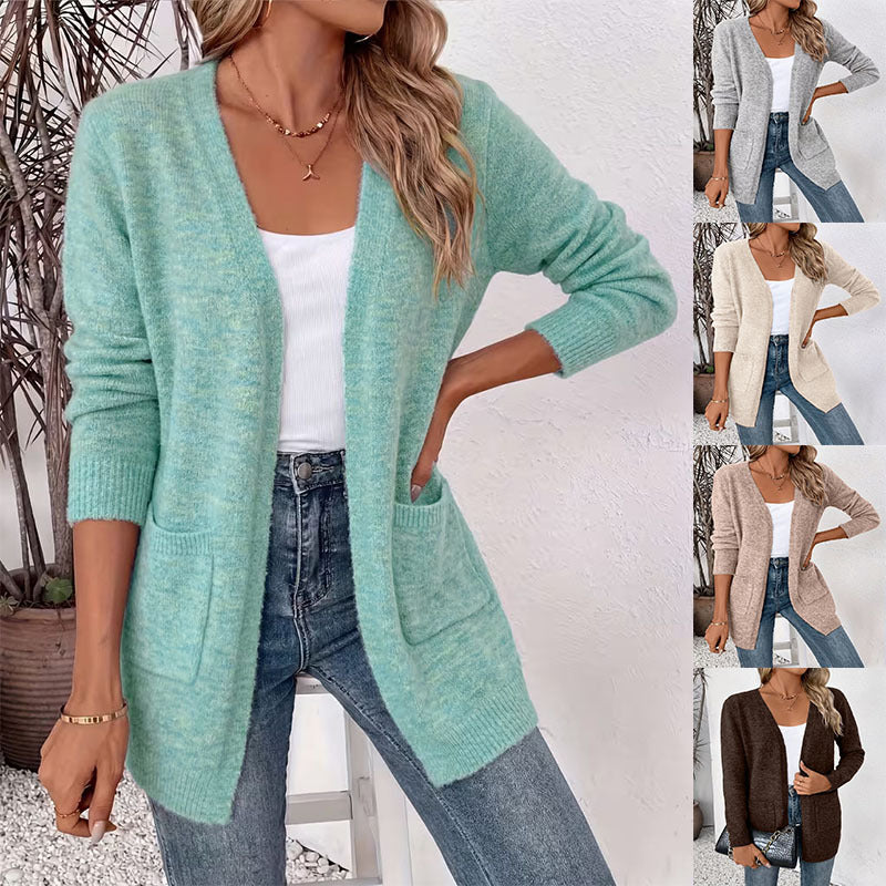 Women's Pocket Mid-length Loose Solid Color Knitwear