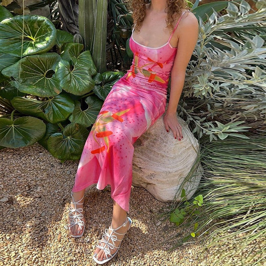 Women's Summer Flower Print Sleeveless Split Slim Dresses