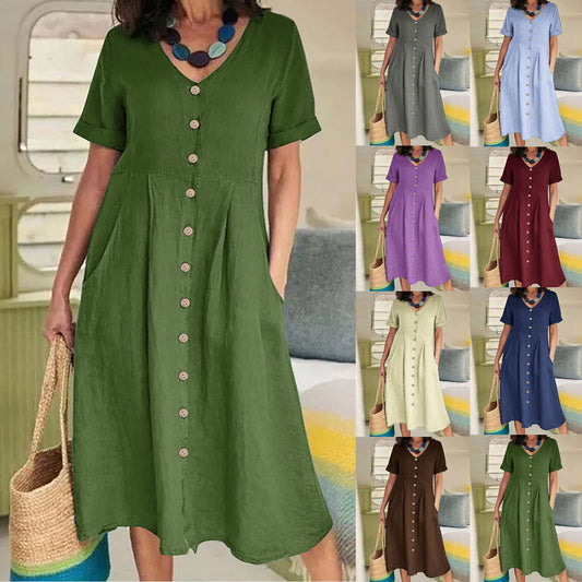 Solid Color Loose High Waist Cotton Dress